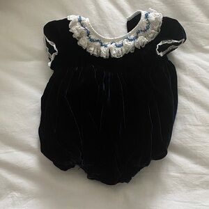 Velvet Baby Bubble Romper with White Ruffle Collar